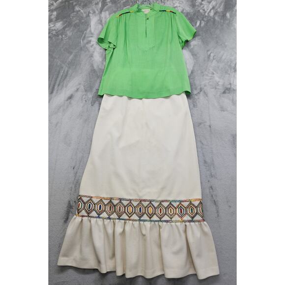 Vintage California West-Set Embroidered‎ Top Maxi Skirt Set Size M Green Cream